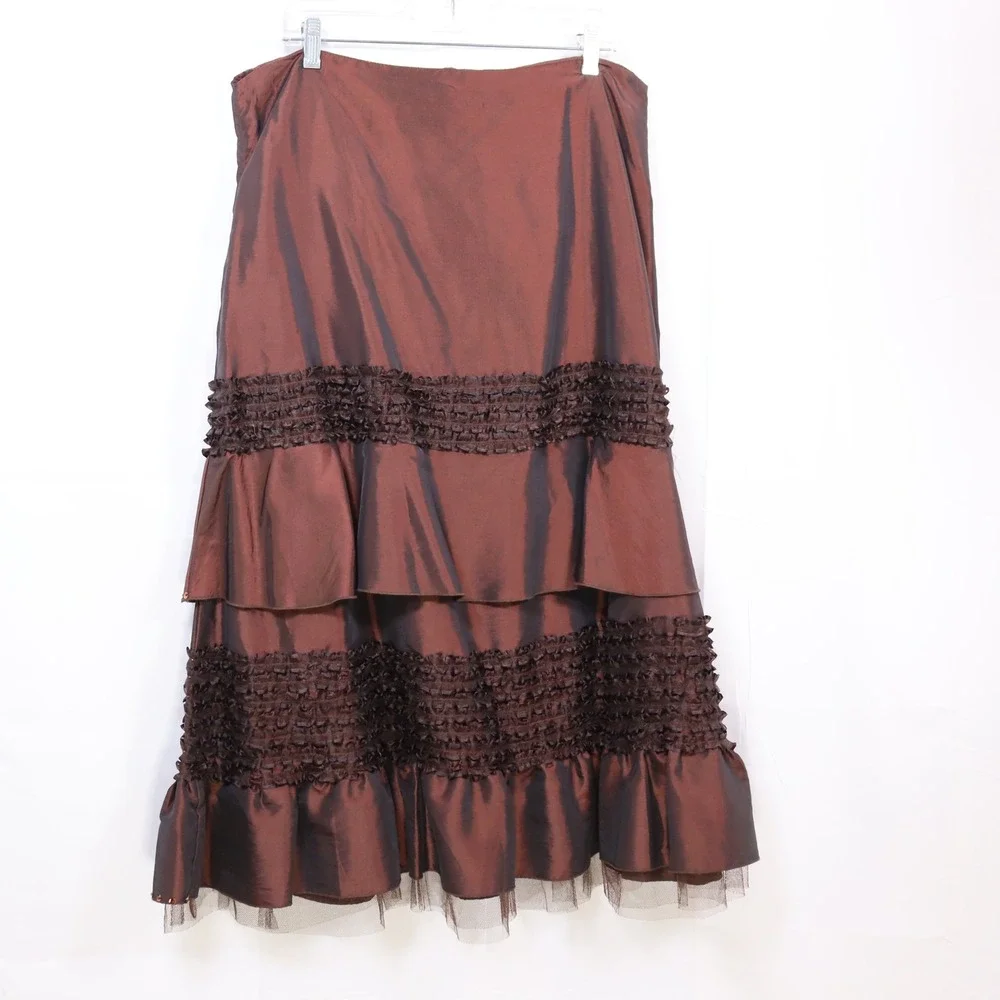ALXIN Tiered Ruffle Skirt XL Brown‎ Womens Taffeta Sequin Formal